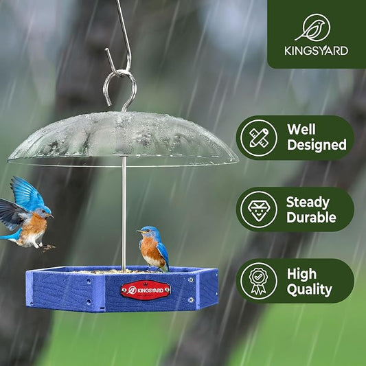 Kingsyard Large Platform Bird Feeder Outdoor Hanging, Adjustable Dome Squirrel Proof Rain Cover, Metal Mesh Tray Recycled Plastic Wild Bird Seed Feeding Station, Blue