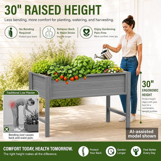 YEFU 48" Raised Garden Bed with Legs, HIPS Outdoor Garden Bed, Grey | Raised Garden Bed with Legs for Patios & Decks, 30" Height, Wood-Look HIPS, Drainage, 385 lbs Support for Vegetables & Herbs