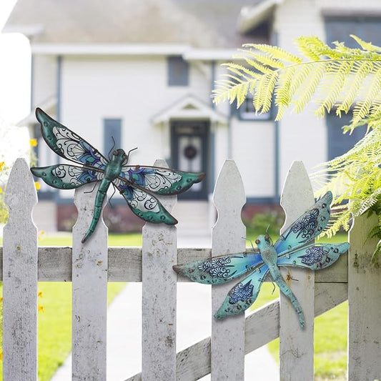 LIFFY Glass Metal Dragonfly Wall Decor Pair - Outdoor Wall Art for Garden and Home - Hanging Decor Gifts for Women, Light Blue