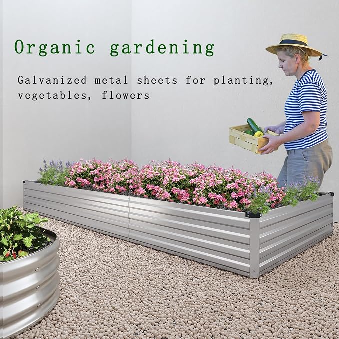 2PCS 8x2x1ft Galvanized Raised Garden Bed Kit,Gardening Planter Box | Outdoor Elevated Metal Planter Box For Vegetables, Flowers, Herbs, Anti-Rust Galvanized Steel, Open Drainage, Sturdy (Silver)