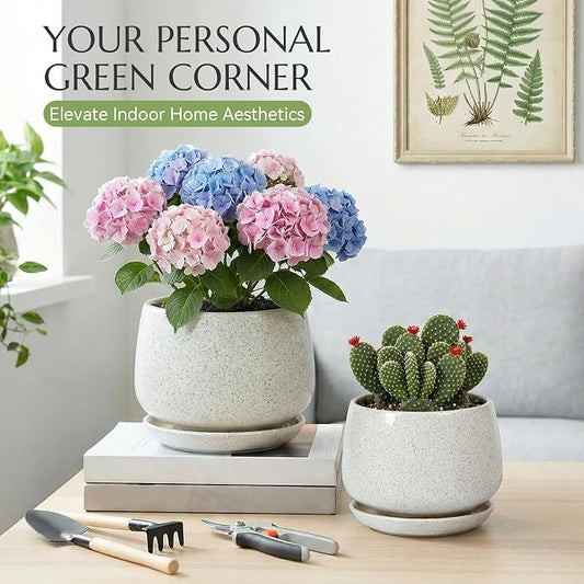 10.3 Inch Flower pots for Indoor Outdoor Plants with Saucer Drainage Leak-Proof Mesh, Ceramic Planter with Gardening Gloves for Succulent and Flower (Matte White)
