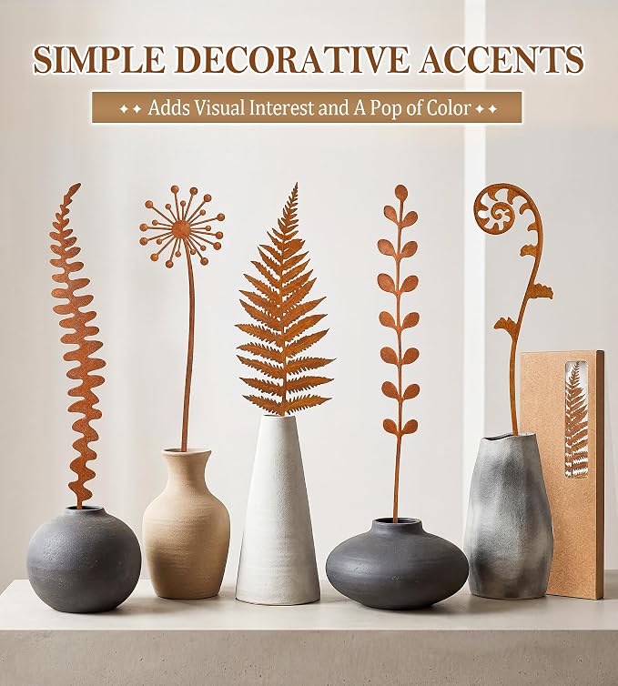 VIS'V Decorative Garden Stakes, Metal Fern Plant Yard Art Stakes, 5 Pcs | 15.7 In Length, Pre-rusted Finish, Rusty Art Decor for Outdoor Indoor