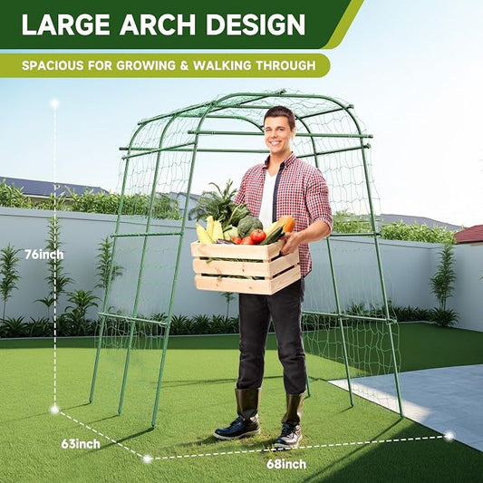 HIRALIY Garden Arch Trellis for Climbing Plants, 6.3ft Tall Heavy Duty Metal Cucumber Trellis, Rustproof Plant Support Tunnel for Tomato, Grape, Bean, Raised Bed and Vegetable Gardens, Green
