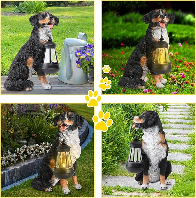 Afirst Dog Garden Statue - Outdoor Decor with Solar Lantern Valentine's Day Gift Lovely Bernese Mountain Dog Figurine Patio Lawn Yard Art Ornaments Housewarming Gift