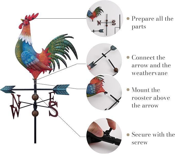 TERESA'S COLLECTIONS Garden Decor with Solar Outdoor Lights, Metal Rooster Weathervane Decorations for Outside, Red Yard Art Sign Decorative Garden Stake for Outdoor Fall Decor Lawn, Gifts for Mom
