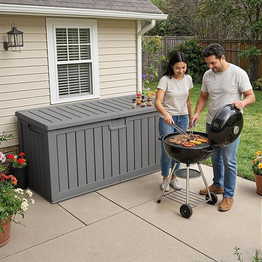 240 Gallon HDPE Deck Box Outdoor Indoor Waterproof Storage Box for Patio Furniture, Pool Accessories, Garden Tools, and Cushion Storage, Gray
