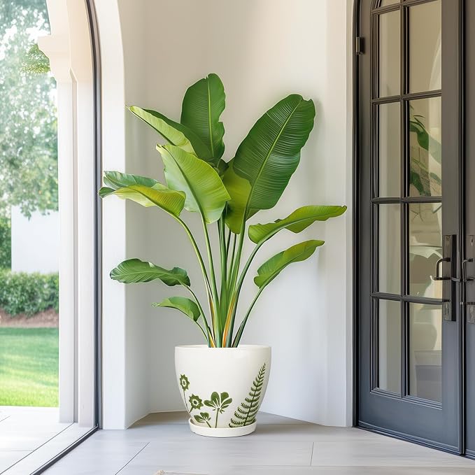 MPotTo Ceramic Plant Pot 10 Inch - Ceramic Planter for Indoor Outdoor Plants, Decorative Boho Round Planter with Drainage Hole and Saucer, Housewarming Gifts, Office Garden Home Decor, White
