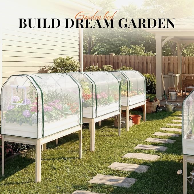 King Bird Large Raised Garden Bed with Cover Galvanized Elevated Planter Box with Legs 48×24×56 in for Backyard, Patio, Balcony, 700lb Capacity, Beige
