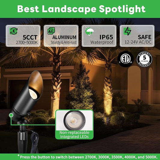 Landscape Spot Lights Outdoor - Warm & Cool White Low Voltage Spotlights 12V, Adjustable White Accent Lights Waterproof, All Metal Wired Aluminum Black for Fountain Sign 12 Pack