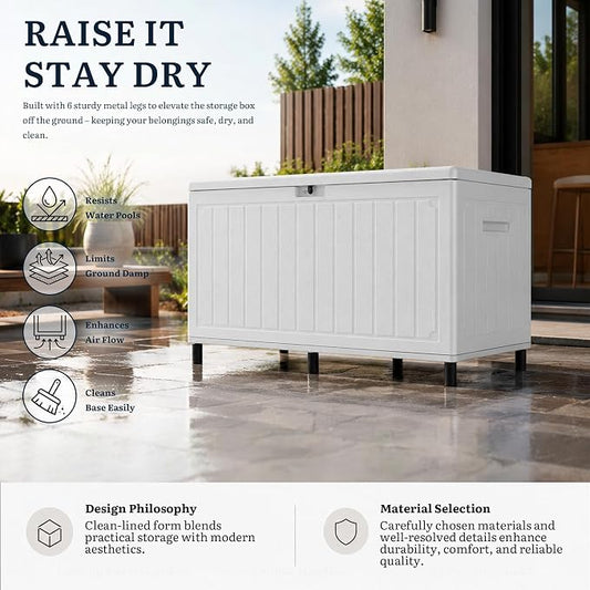 YITAHOME 90 Gallon Outdoor Storage Box with 6 Heavy-Duty Metal Legs & | Large Double-Wall Resin Deck Box, Lockable Waterproof Patio Organizer for Furniture, Cushions, White