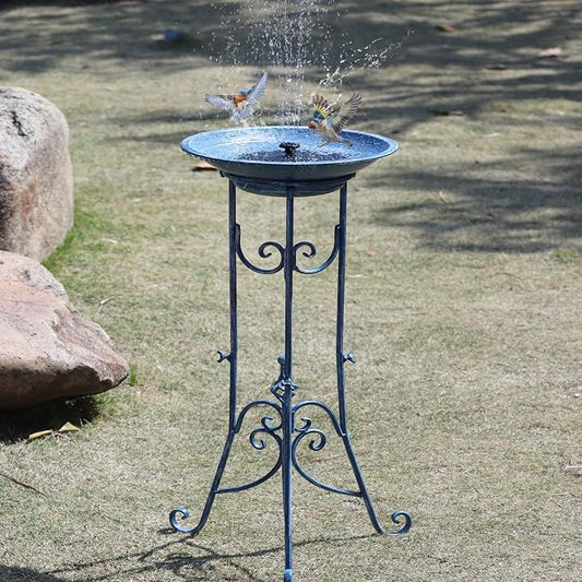 Multifunctional Solar Bird Bath for Outside, Metal Birdbath Stand and Solar Fountain Bird Bath Bubbler Combo Set, Solar Birdbaths for Outdoors Garden Lawn Yard Decor(Blue)