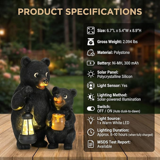 Lavezee Garden Bear Statues 8.9‘’, Mother and Baby Bear Figurines with Solar Lantern for Outdoor Porch Yard Lawn, Unique Bear Gifts for Mom Grandma Women