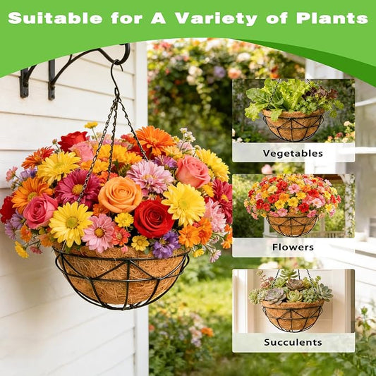 2 Pack 12 Inch Black Metal Hanging Basket Hanging Planter with Coco Coir Liner Heavy Duty Hanging Flower Pot Holder for Indoor Outdoor Patio Garden Porch Balcony Decor (Geometric)