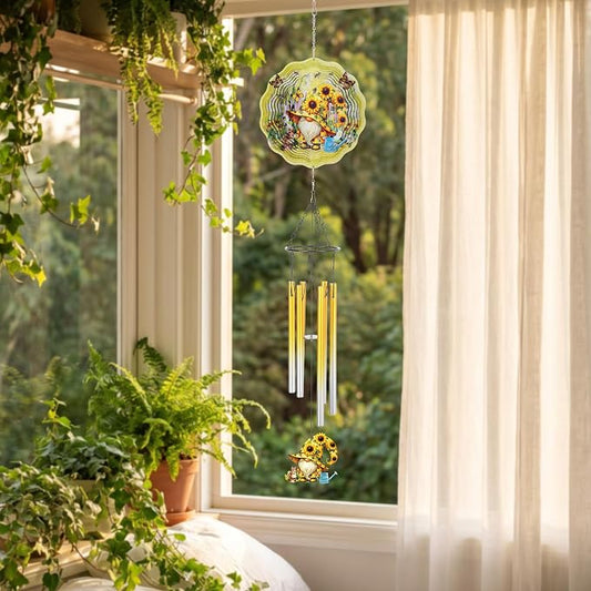 Metal Wind Chimes for Outside - Gnome Windchime with Wind Spinners | Garden Patio Lawn Balcony Decor Waterproof Sunflower 3D Art Hanging Birthday Gifts for Women Mom Grandma Wife Friends