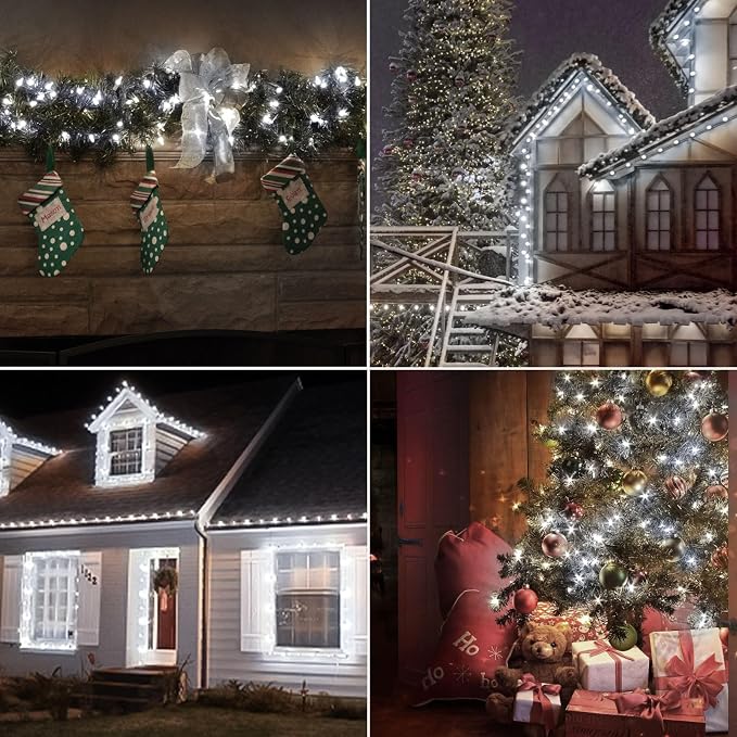 Battery Operated Christmas Lights, 33Ft 100 LED Cool White String Lights with Auto Timer & 8 Modes, Shatterproof Waterproof for Outdoor Indoor Wedding Party Home, White Wire