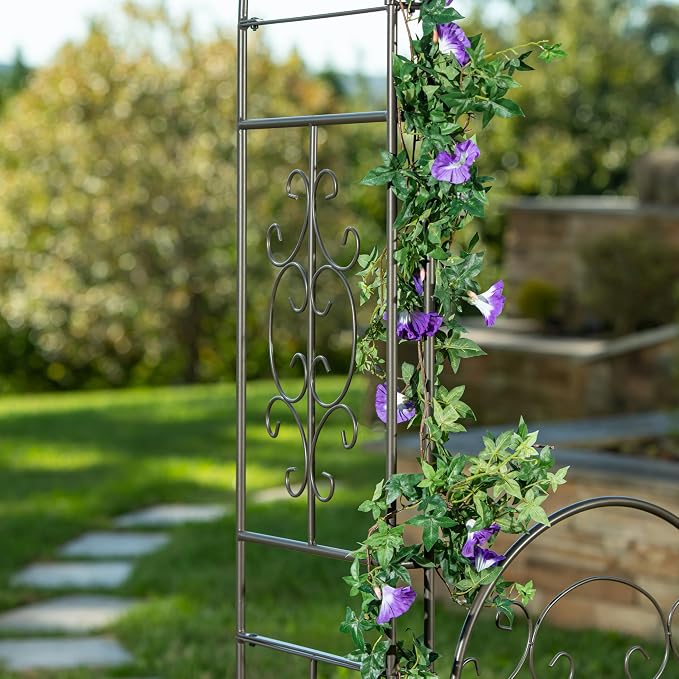 Plow & Hearth Arch Metal Outdoor Garden Arbor, 84 inches Tall, Iron Trellis Lattice for Climbing Plants, Wedding Arch, Outdoor Patio Décor (Montebello-Gunmetal with Gate)
