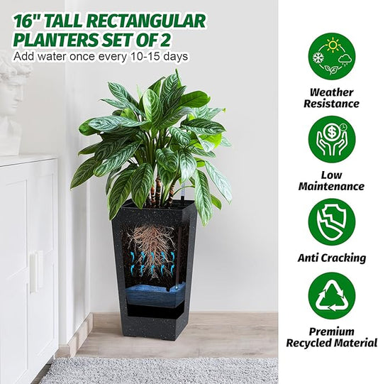 Garvee 16" Tall Planters Set of 4, Outdoor&Indoor Black Planter Pots, High Front Porch Planter Pots with Drainage Holes&Water Level Monitor&Inner Bucket,Black