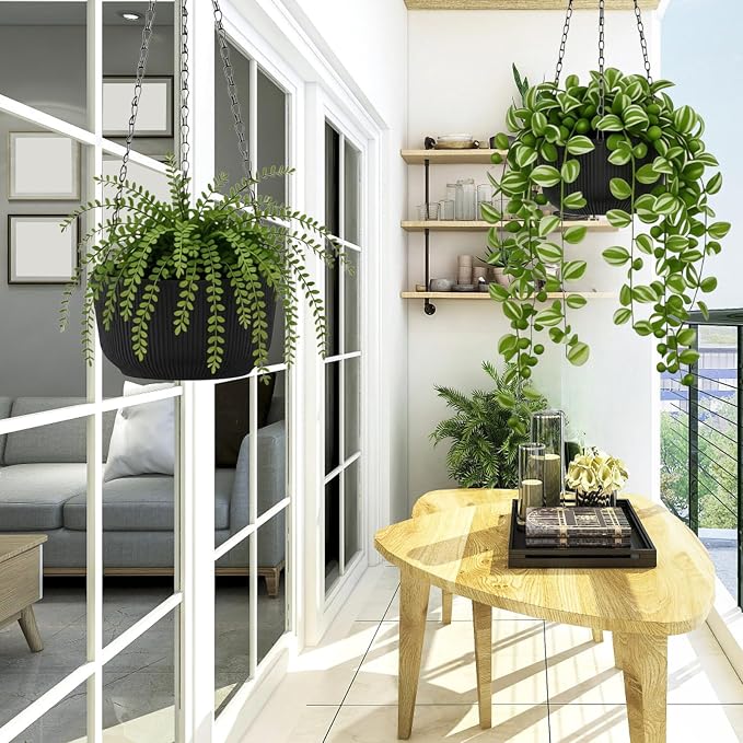 8 Inch Hanging Pots for Indoor Outdoor Plants Set of 2 | Self-Watering Hanging Planters with Internal Saucers, Drainage Holes & Plugs (Hooks)