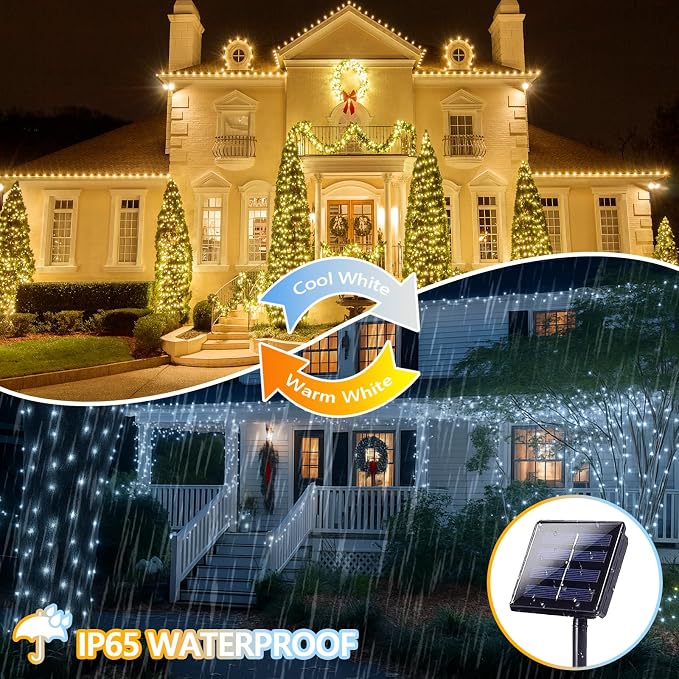 Warm White and Cool White Color Changing Solar String Lights for Outside, 2 Pack 400LED Solar Fairy Lights Outdoor Waterproof, Copper Wire with 8 Modes Solar Twinkle Lights for Tree Garden Party