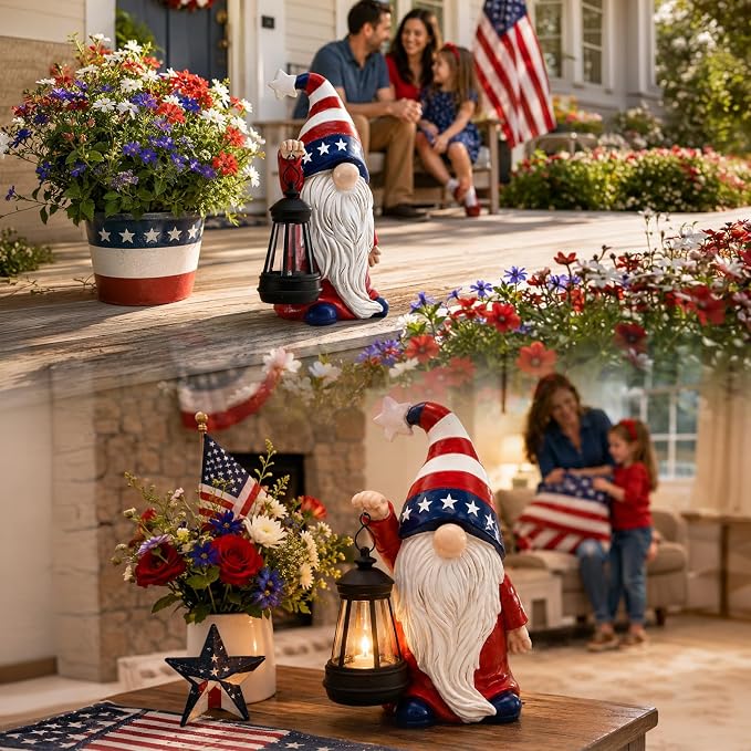 Solar Patriotic Gnome Lantern Statue, 9.4" Independence Day Garden Decor, American Flag Gnome Outdoor Decorations for Patio, Yard, Porch, and Lawn; Memorial Day and 4th of July Decor