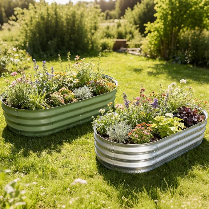 Galvanized Raised Garden Bed Kit, Planter Garden Boxes Outdoor, Oval Large Metal for Vegetables Fruits, Flowers Planter Boxes, Easy Assembly Garden Bed Kit (Silver, 4×2×1FT (1-Pack)
