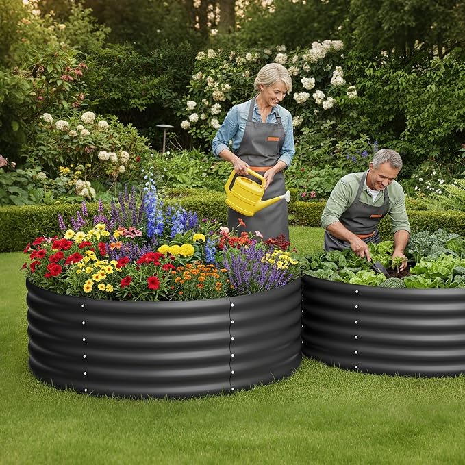 DDK Galvanized Raised Garden Bed,Round Outdoor Planter Bed, 4x4x1.5ft Metal Planter Box for Gardening and Planting,BK