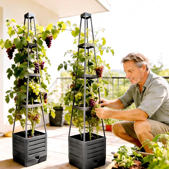 Tomato Planter with Trellis, 57 Inch Self-Watering Planter Box 2-Pack, Grey Planter with Metal Support for Outdoor Indoor Climbing Plants