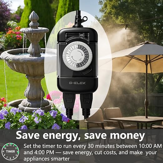 G-ELEK Outdoor Mechanical Timer Plug Waterproof, 24 Hour Daily Cycle, 30 Minute, 3 Prong Grounded 2 Outlets, Heavy Duty Programmable Socket for Christmas Patio Yard Pool Pump, ETL Listed