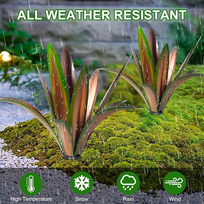 TOMBABY Enlarge Thickened Wind Resistant Metal Agave Garden Art Plant Country Sculpture Statue Outdoor Decoration Courtyard Lawn Ornament Gift (12 Leaves Green 1 pcs)