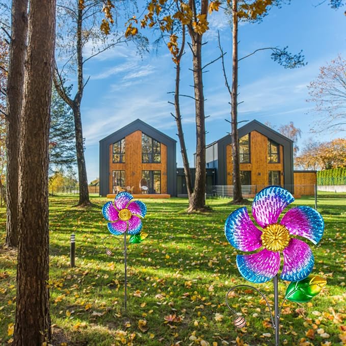 Viveta 2 Pack Wind Spinners with Metal Stake, Garden Pinwheels | Purple Flower Shape Design Outdoor Wind Spinners, for Yard Lawn Patio Decor,28.7 inches