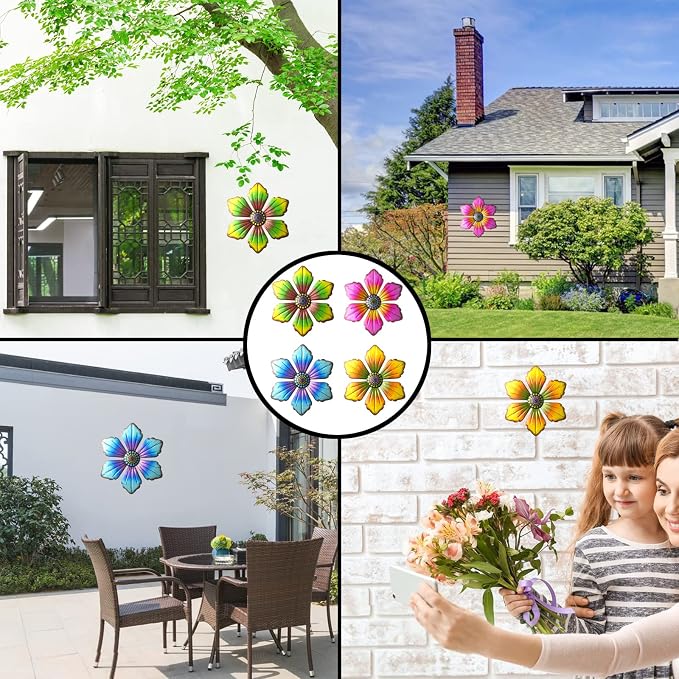 Gooyule Metal Flower Wall Art - Colorful Floral Decor for Indoor Outdoor Hanging - Home Office Garden Yard Wall Decoration Set (Metal Flower Decor B)