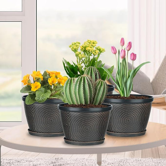 Quarut 4 Pack 8 Inch Flower Pots for Outdoor Indoor, Plastic Plant Pots with Drainage Hole & Saucer, Lightweight Small Flower Pot, Circle Pattern Planters for Garden House planters(Brown)