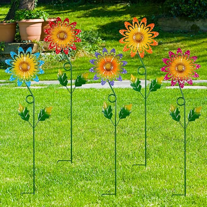 5 Pack Metal Flowers Decorative Garden Stakes, Metal Flowers for Outside Spring Yard Decor, Decorative Yard Art for Lawn, Patio, Fence,Garden Decor