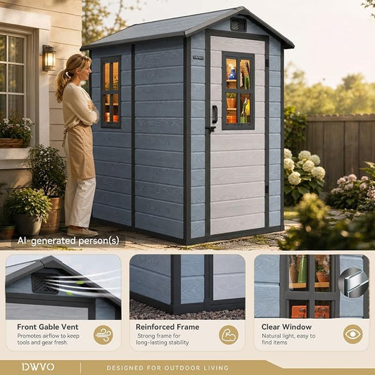 DWVO Outdoor Storage Shed 4.4ร6FT, Plastic Garden Resin Shed with 2 Windows, Reinforced Floor, Door Handle, Door Lock & Vents, Outdoor Tool Shed for Backyard Patio, Stores Bike Garden Tools, Blue-Gray