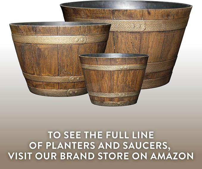 Whiskey Barrel Planters, Wooden Finish Flower Planter Pot, Decorative Garden Pots, Indoor Outdoor Resin Planters, Weather-Resistant Plant Pot (15” Oak Brown, 1-Pack) | Stylish Resin Flower Plant Pots, Indoor & Outdoor Planter, Weather-Resistant, Great ...