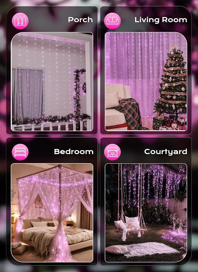 Brightown 300 LED Pink Fairy Curtain Lights, 9.8ft x 9.8ft String Lights | USB Plug in 8 Lighting Modes Christmas String Hanging Lights with Remote for Bedroom Indoor Outdoor Xmas Valentine's Day