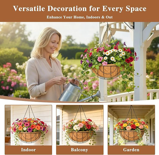 4 Pack Hanging Planter for Outdoor Plants 14 inch Metal Hanging Flower Basket with Coco Coir Liner Round Wire Plant Holder Chain Flower Pots Outdoor Garden Decoration Watering Hanging Baskets(DQ)