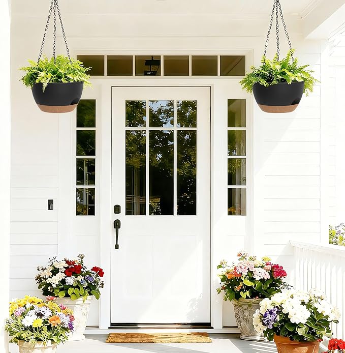 8 Inch Hanging Planters for Indoor Outdoor Plants, 4 Pack Black Brown Plastic Self Watering Hanging Baskets with Drainage Holes and Chain for Garden Porch