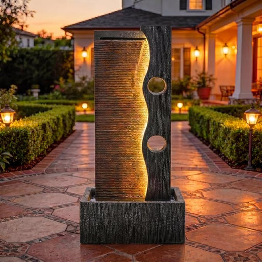 AUTODAYA 39" Modern Zen Outdoor Water Fountain LED Cascading Waterfall | Tranquil Water Feature for Patio, Garden, Deck or Porch