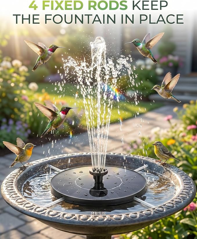 Solar Fountain for Bird Bath, 2026 Upgrade 1.4W Solar Water Fountain Pump with 7 Nozzles, 4 Fixed Pipes, Outdoor Standing Floating Solar Fountain for Garden, Ponds, Pool, Fish Tank, 6.3 Inch