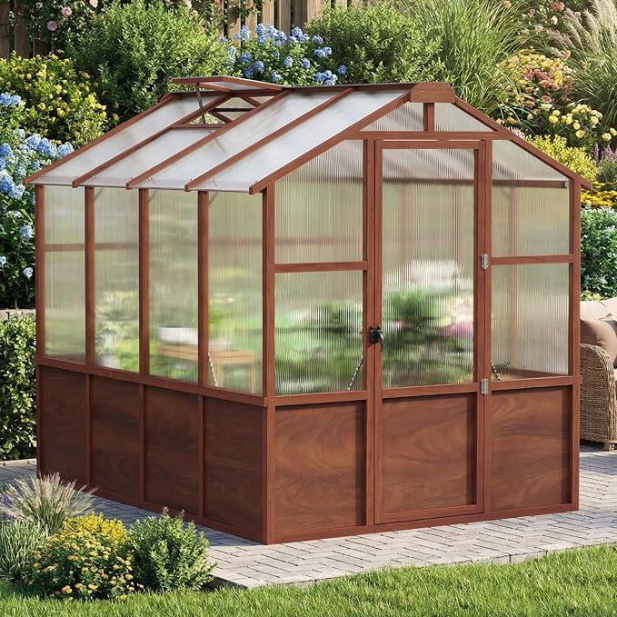 Jocoevol 6x8ft Outdoor Greenhouse, Wooden Frame Polycarbonate Greenhouse with Adjustable Roof Vents and Lockable Door Handle, Walk-in Greenhouse Perfect for Backyard and Garden