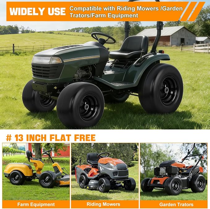 Yesker 13x6.50-6 Flat Free Lawn Mower Tire and Wheel Assembly with 3/4" Bearing Bore, 13x6.50-6nhs Solid Riding Lawnmower Tires with 3.25" Center Hub, 2 Pack