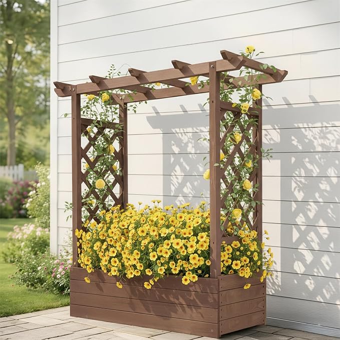 Outvita Raised Garden Bed with Trellis, Wood Planter Box with Hanging Roof, Side Trellis and Drainage Holes, Above Ground Elevated Garden Bed for Outdoor Climbing Plants Vegetables(Carbonized Color)