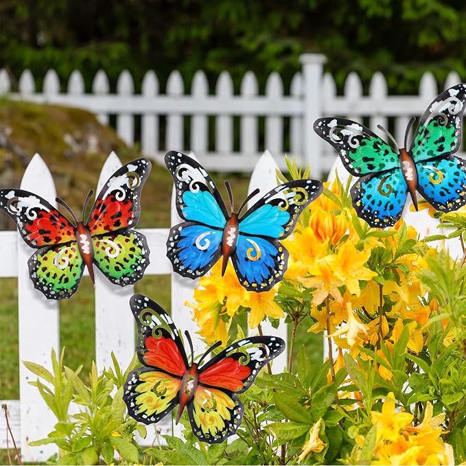 Jetec 8 Pcs Metal Butterfly Wall Decor 6.5 Inch Outdoor Butterflies Wall Art Sculpture 3D Butterfly Hanging Decoration for Spring Outside Fence Garden Yard Home Patio Balcony(Stylish Style)