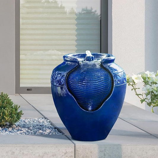 Teamson Home 16.96 in. Outdoor Glazed Pot Water Fountain with LED Lights, Built-in Pump to Create a Calming Oasis in Gardens, Landscaping, Patios, Balconies, Lawns, Royal Blue | Glazed Pot Ceramic Look, LED Lights & Pump, Cascading Zen Fountain, For Ba...