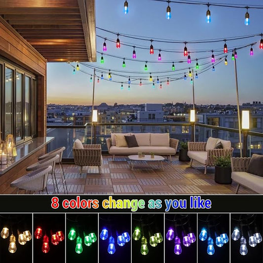 2-Pack 48FT Solar Outdoor RGB String Light, Dimmable Patio String Lights with Shatterproof Edison Bulbs, Remote, Commercial Solar String Lights for Cafe, Patio, Yard, Party