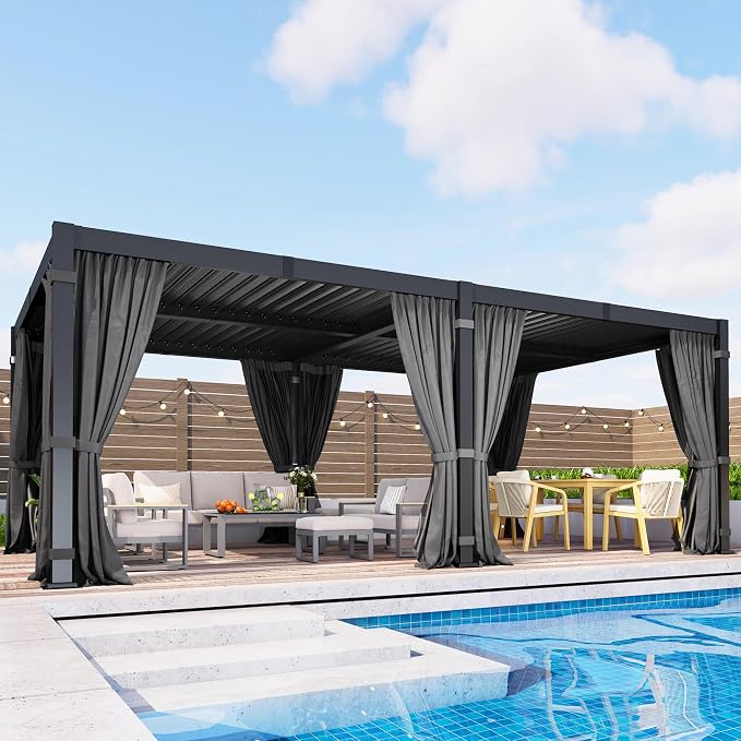 12' x 20' Louvered Pergola, Aluminum Frame Outdoor Pergola with Adjustable Louvered Roof, Curtains & Netting, Gutter System, Outdoor Hardtop Patio Gazebo for Patio, Deck, Garden, Yard, Dark Gray