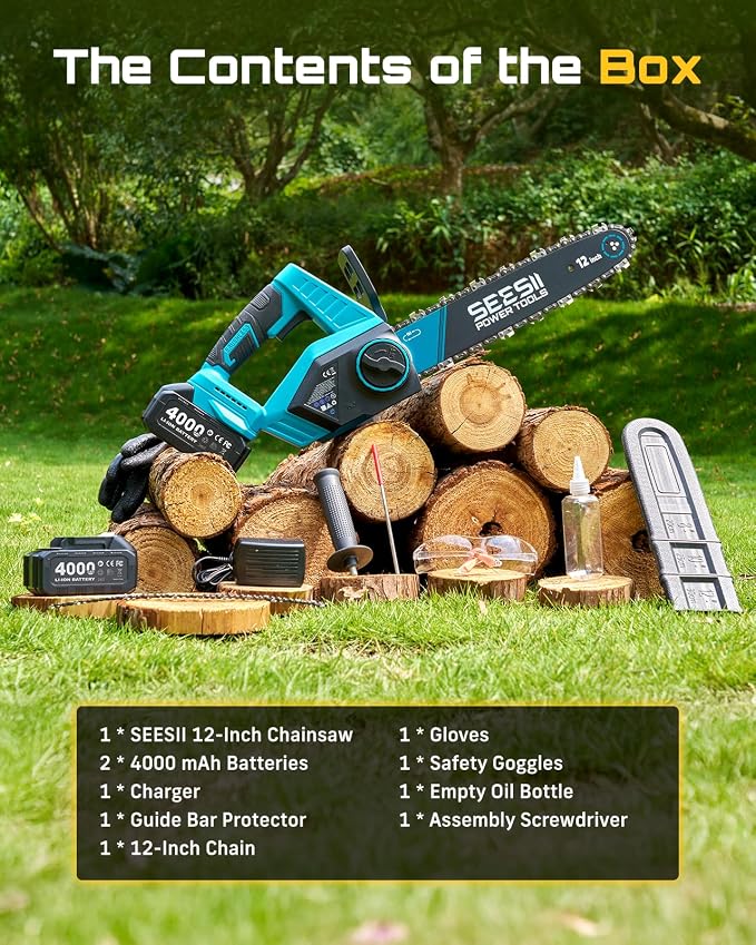 SEESII 12-Inch Electric Chainsaw Cordless, Brushless Motor | 2 x 4.0Ah Battery, Auto Oiling, Tree Saw with Tool-free Chain Tension, Wood Cutting Trimming Branch, Yard Work