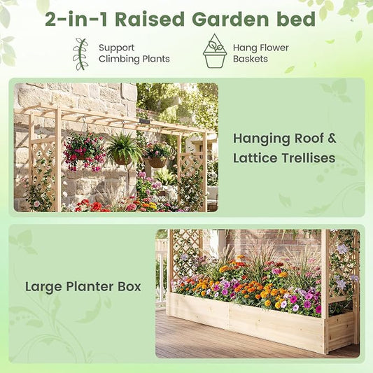 Giantex Wooden Raised Garden Bed with Trellis & Hanging Roof, 2 Pack Fir Wood Planter Box, 45” Freestanding Elevated Garden Bed for Outdoor Climbing Plants Vegetables Flowers, Patio & Balcony, Natural