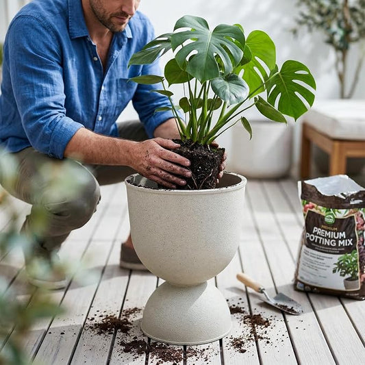 KOL Planters Flower Pots, Plastic Urn Planters for Indoor Outdoor Plants, Beige Pedestal Planter Pots 2 Pack, 18 Inch Tall Decorative Planters with Drainage Holes & Plugs for Front Porch Patio Garden